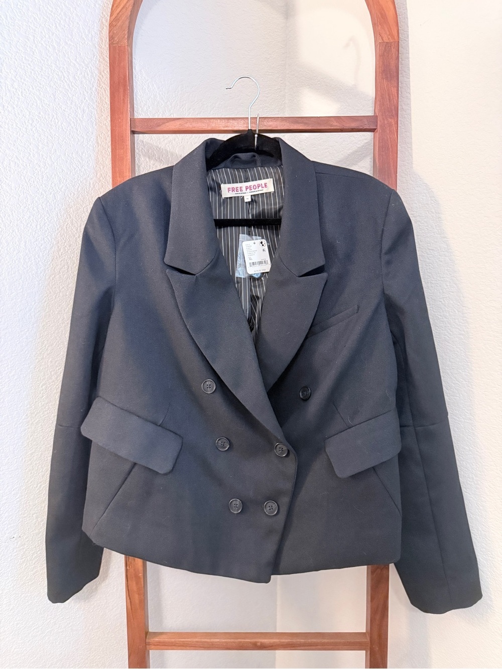 Free People Navy Double-Breasted Pinstriped Cropped Blazer Size XL NWT